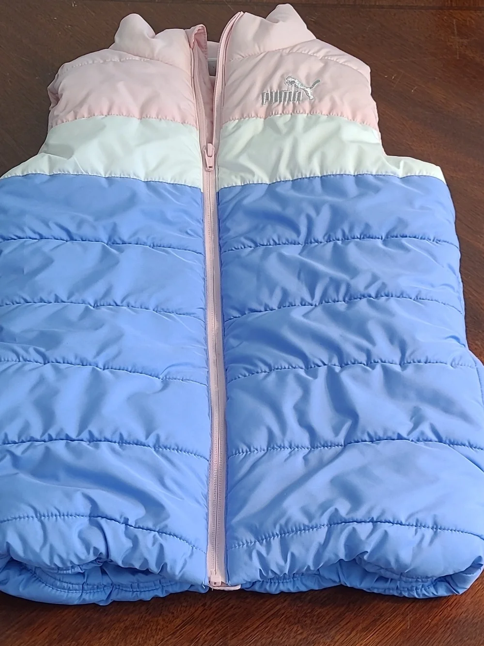 Puma Girls size Medium 10-12, Colorblock Puffer Vest - Pink, White & Blue